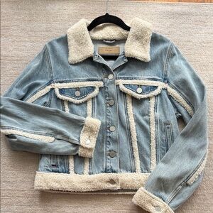 Blank NYC Light Blue Denim Sherpa Trim Cropped Jacket